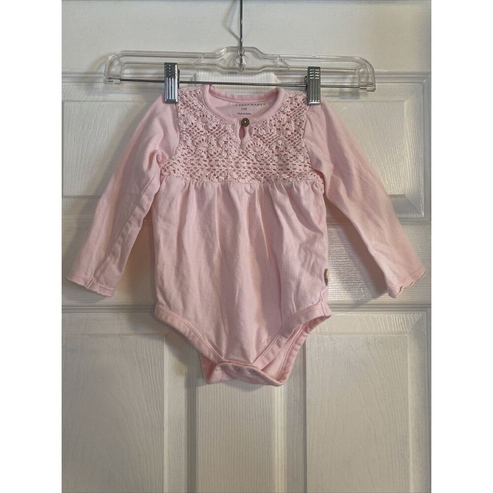 BURTS BEES BABY Crochet Pink One Piece Long Sleeve Size 12 Month 100% Cotton
